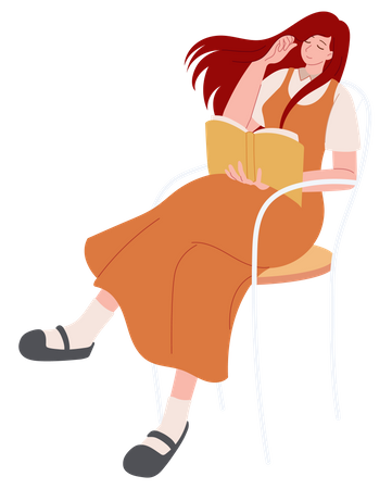 Mujer leyendo un libro mientras está sentada en una silla  Ilustración