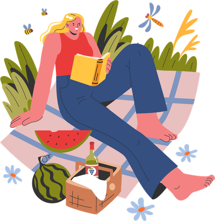 Mujer leyendo un libro en un picnic  Ilustración