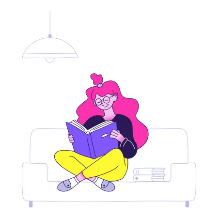 Mujer leyendo un libro interesante mientras está sentada en el sofá  Ilustración