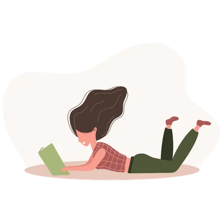 Mujer leyendo un libro mientras está acostada  Ilustración