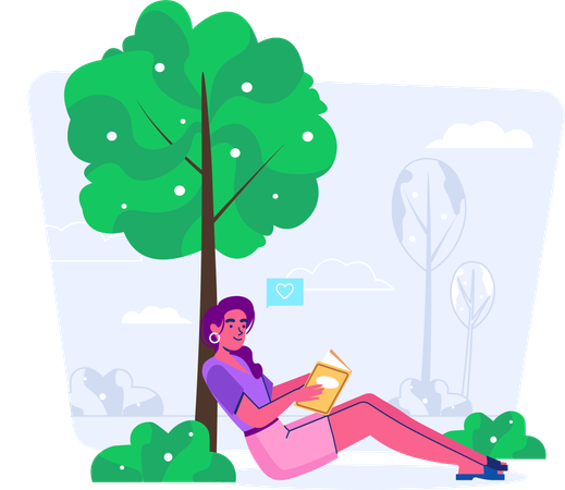 Mujer leyendo un libro mientras está sentada bajo un árbol  Ilustración