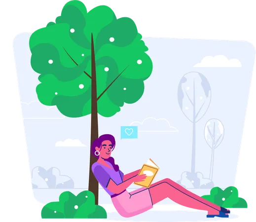 Mujer leyendo un libro mientras está sentada bajo un árbol  Ilustración