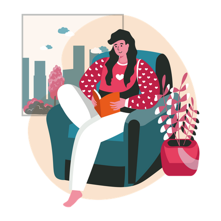 Mujer leyendo un libro mientras está sentada en una silla  Ilustración