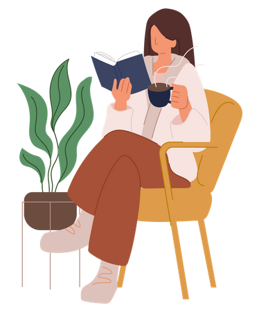 Mujer leyendo un libro mientras bebe café  Illustration