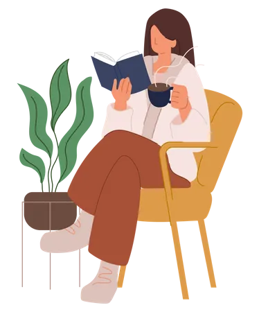 Mujer leyendo un libro mientras bebe café  Illustration