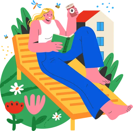 Mujer leyendo un libro y tomando café en casa  Ilustración