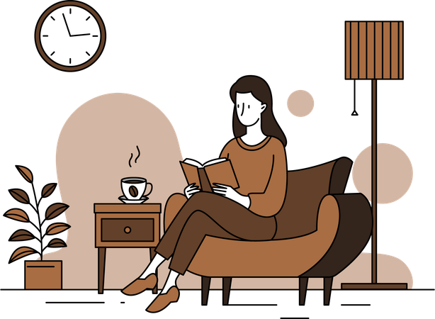 Mujer leyendo un libro y tomando un café  Ilustración
