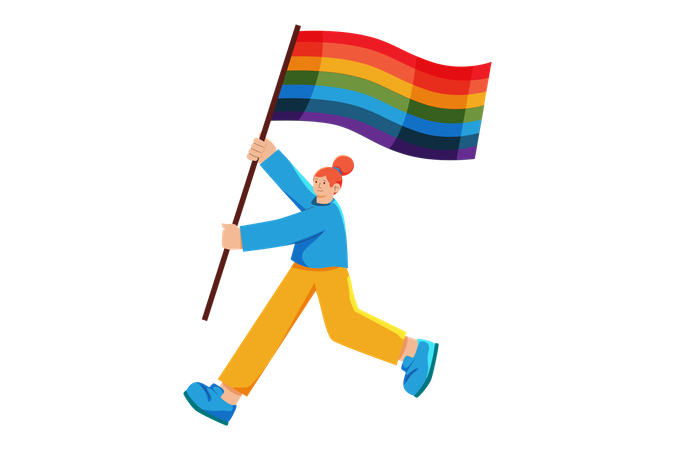 Mujer lgbt protestando con la bandera del arco iris  Ilustración