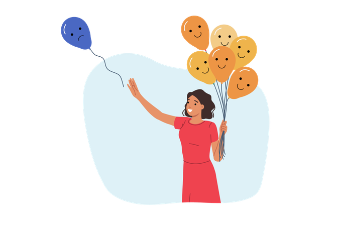 Mujer liberando emociones negativas en forma de globo.  Ilustración
