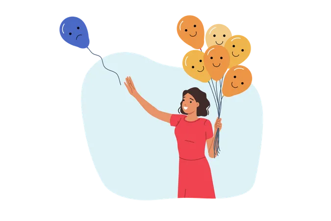 Mujer liberando emociones negativas en forma de globo.  Ilustración