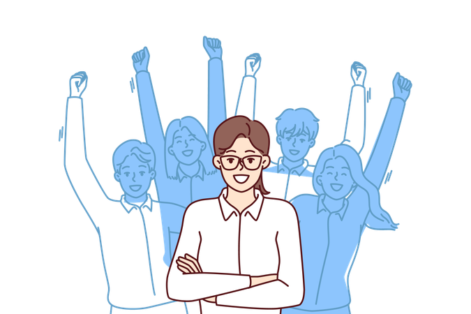 Mujer líder parada con los brazos cruzados cerca del equipo ubicado detrás y haciendo un gesto victorioso con las manos  Ilustración