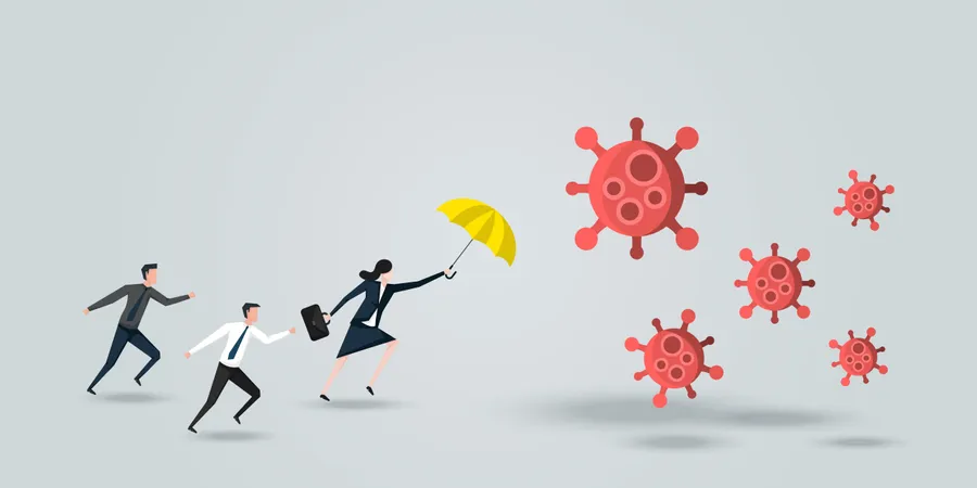 Líder femenina protege a su equipo, una mujer de negocios con paraguas amarillo defiende el coronavirus  Ilustración