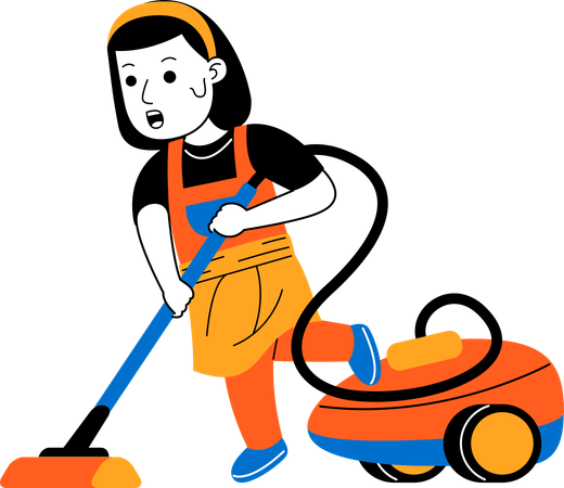 Limpiador de casa femenino limpiando el piso con aspiradora  Ilustración