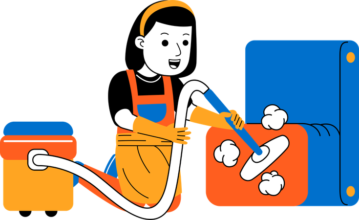 Mujer limpiadora de casa limpiando sofá  Ilustración