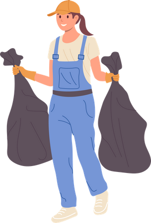 Mujer limpiadora recogiendo bolsas de basura  Ilustración
