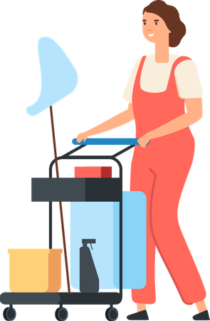 Limpiador femenino con equipo de limpieza  Ilustración