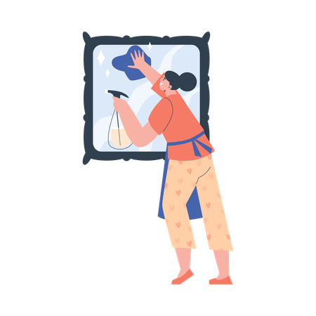 Mujer limpiando el cristal de la ventana con spray  Ilustración