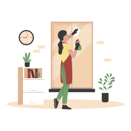 Mujer limpiando el espejo de la ventana  Ilustración