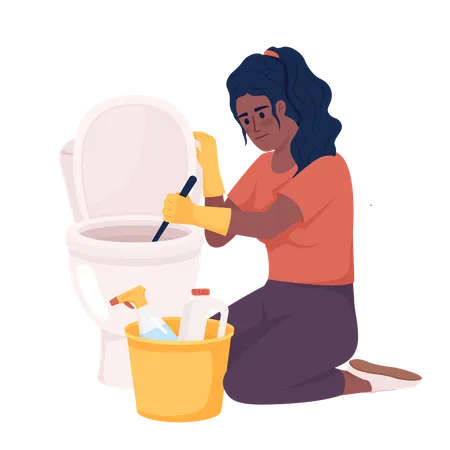 Mujer limpiando el baño con cepillo y detergentes.  Ilustración
