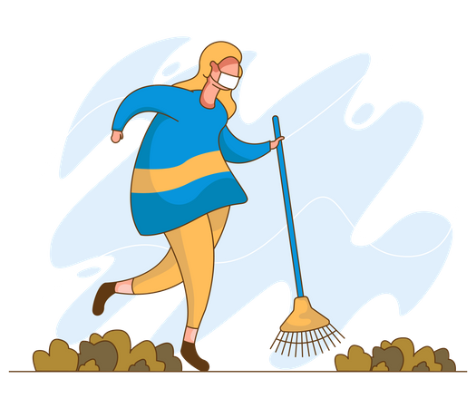 Mujer limpiando la calle con máscara  Ilustración