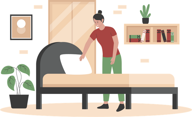 Mujer limpiando la cama  Ilustración