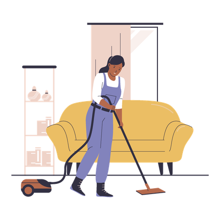 Mujer limpiando la habitación con una aspiradora  Ilustración