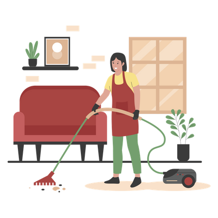 Mujer limpiando piso con aspiradora  Ilustración