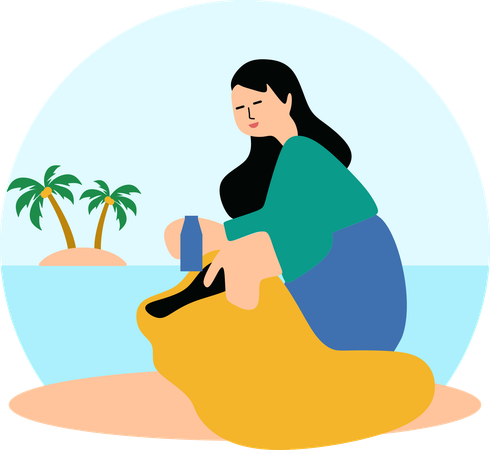 Mujer limpiando la playa  Ilustración