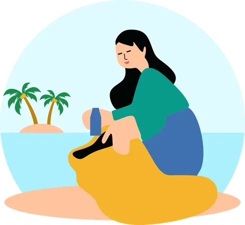 Mujer limpiando la playa  Ilustración