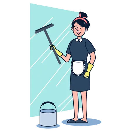 Mujer limpiando ventanas con limpiaparabrisas  Ilustración