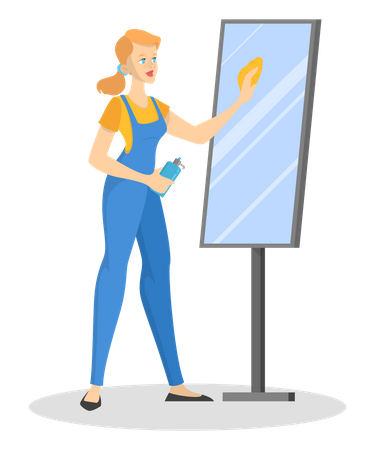 Una mujer limpia el espejo con un spray limpiador y un paño  Ilustración