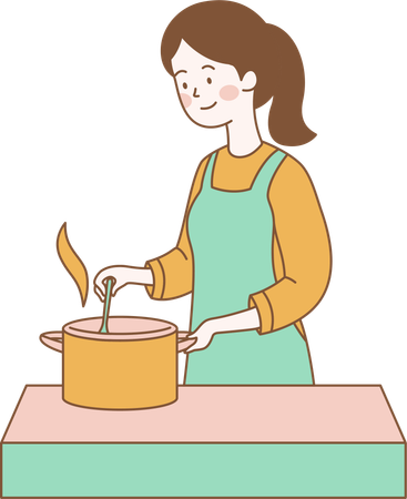 Mujer linda está cocinando con sartén en la cocina  Ilustración