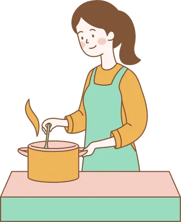 Mujer linda está cocinando con sartén en la cocina  Ilustración