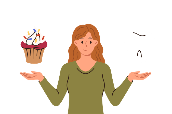 Una mujer llama a pensar en el problema de la caries causada por comer alimentos dulces y sostiene un diente gigante y un panecillo  Ilustración