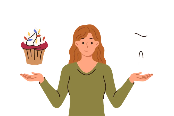 Una mujer llama a pensar en el problema de la caries causada por comer alimentos dulces y sostiene un diente gigante y un panecillo  Ilustración