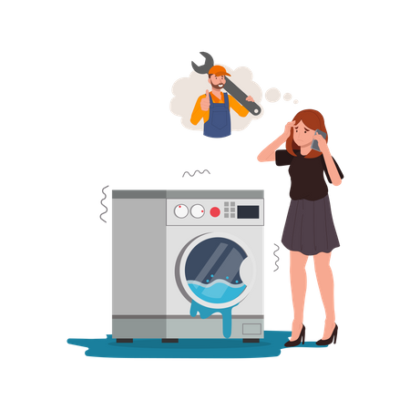 Mujer llamando al técnico para reparar la lavadora  Ilustración