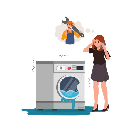 Mujer llamando al técnico para reparar la lavadora  Ilustración