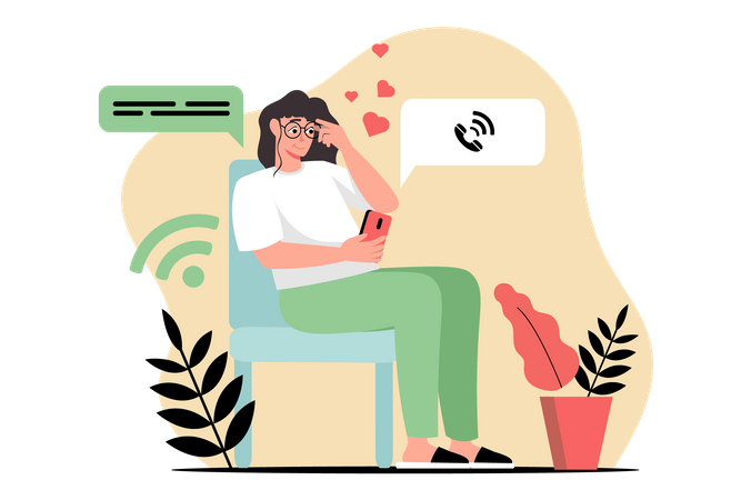 Mujer llamando por teléfono móvil mientras está sentada en un sillón  Ilustración