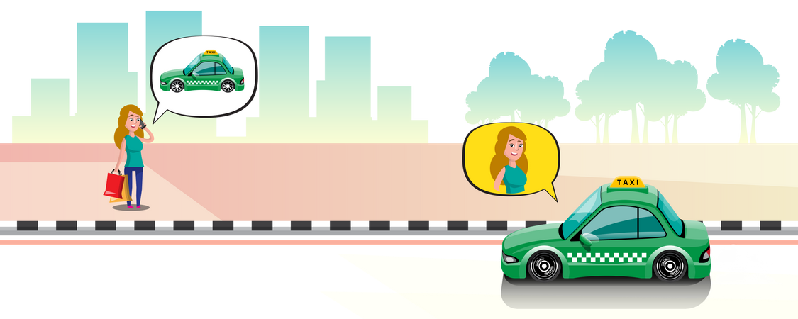 Mujer llama a un taxi por teléfono inteligente en la ciudad  Ilustración