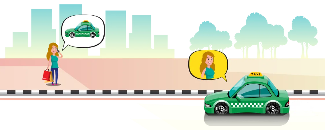 Mujer llama a un taxi por teléfono inteligente en la ciudad  Ilustración