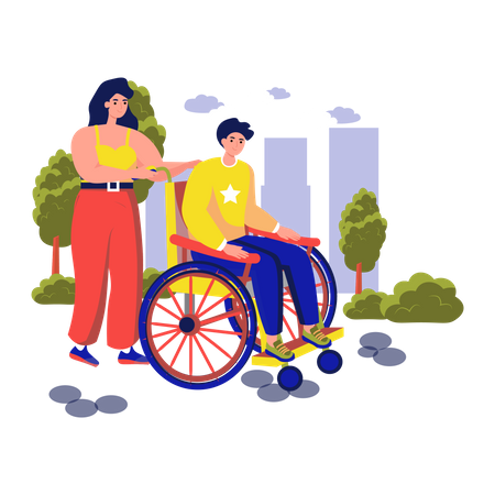 Mujer lleva a un hombre discapacitado en silla de ruedas  Ilustración