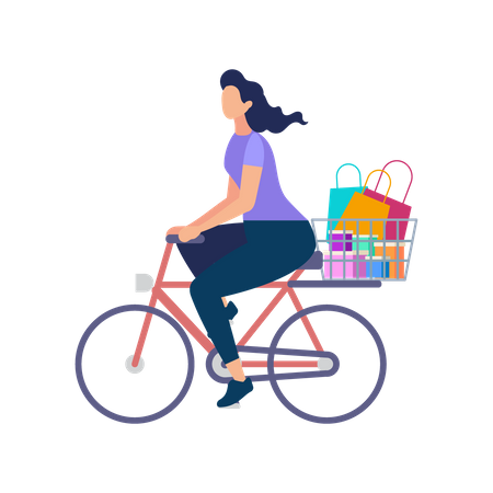 Mujer lleva compras en bicicleta  Ilustración