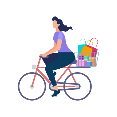 Mujer lleva compras en bicicleta  Ilustración