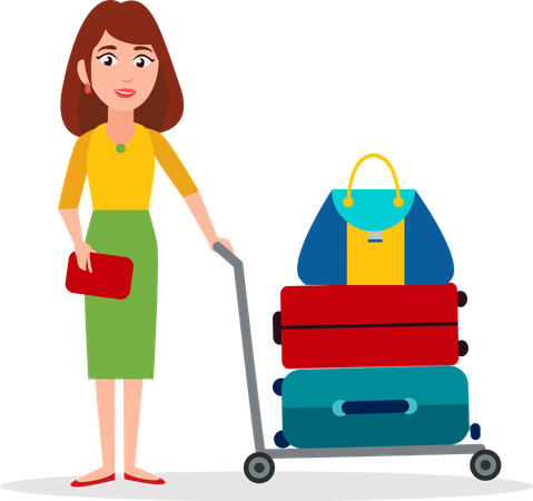 Mujer lleva equipaje en carro de transporte  Ilustración