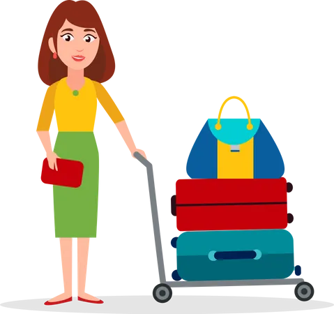 Mujer lleva equipaje en carro de transporte  Ilustración