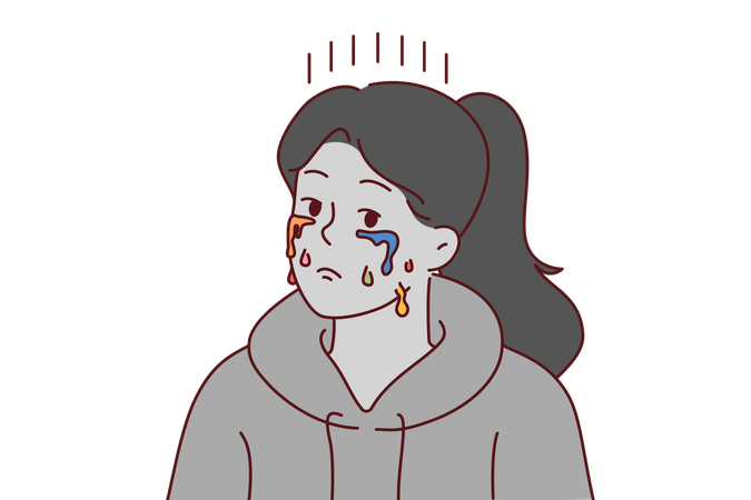 Mujer llorando con mueca deprimida y lágrimas multicolores  Ilustración