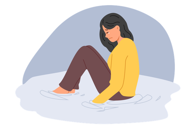 Una mujer llora sentada en un charco de lágrimas y sufre depresión después de romper con su novio  Ilustración