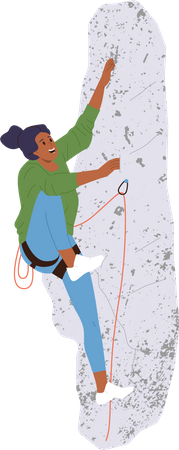 Mujer loca subir personaje escalando acantilado de roca de montaña entregando cuerda de seguridad  Ilustración