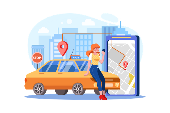 Mujer localizando ruta de taxi desde el mapa digital  Ilustración