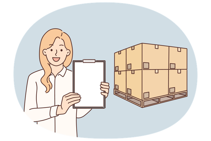 Una mujer logística se encuentra cerca de cajas colocadas en un palé y muestra un portapapeles vacío.  Ilustración